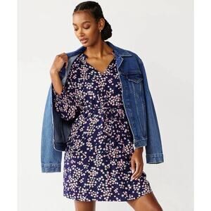 Draper James RSVP V-Neck Smocked Sleeve Floral Blue Dress XL